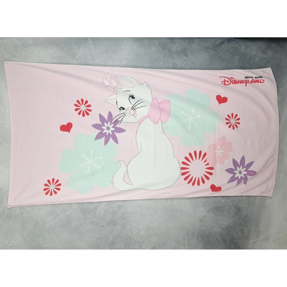 Disney Hong Kong Disneyland Beach Towel Marie Cat Pink Flowers 29x57 Cotton